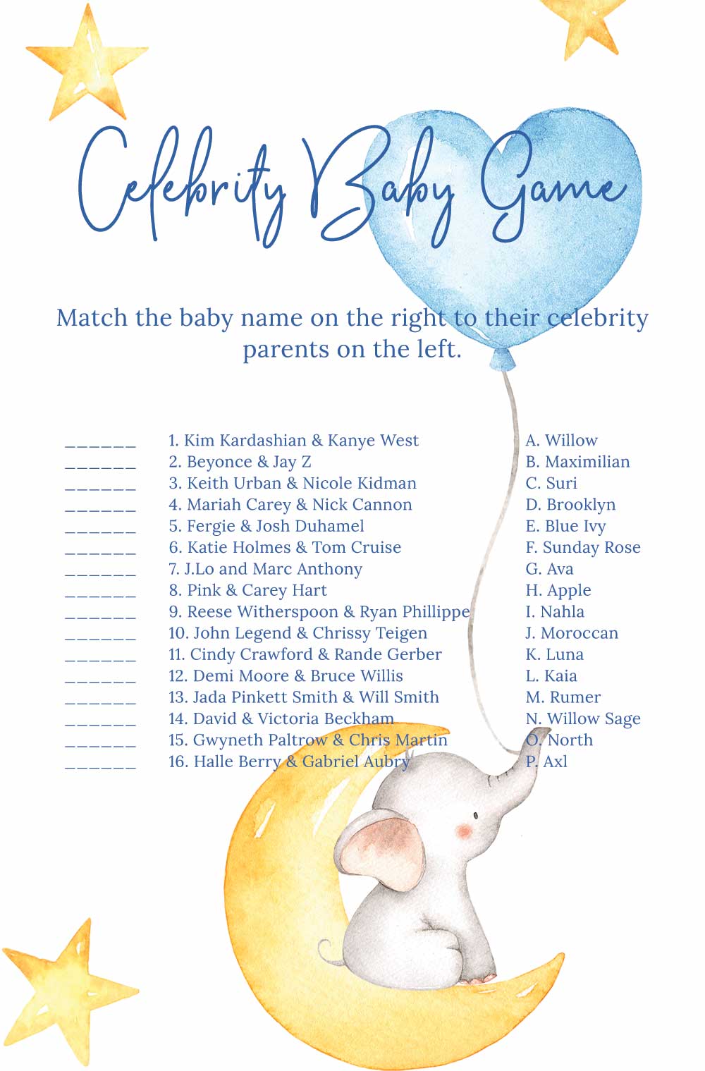 Celebrity baby game - Elephant theme
