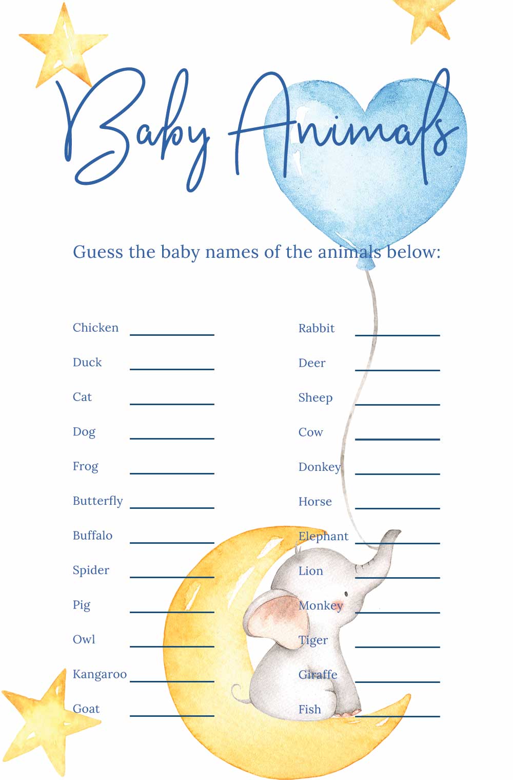 Name that baby animal game Elephant theme - Baby shower easy