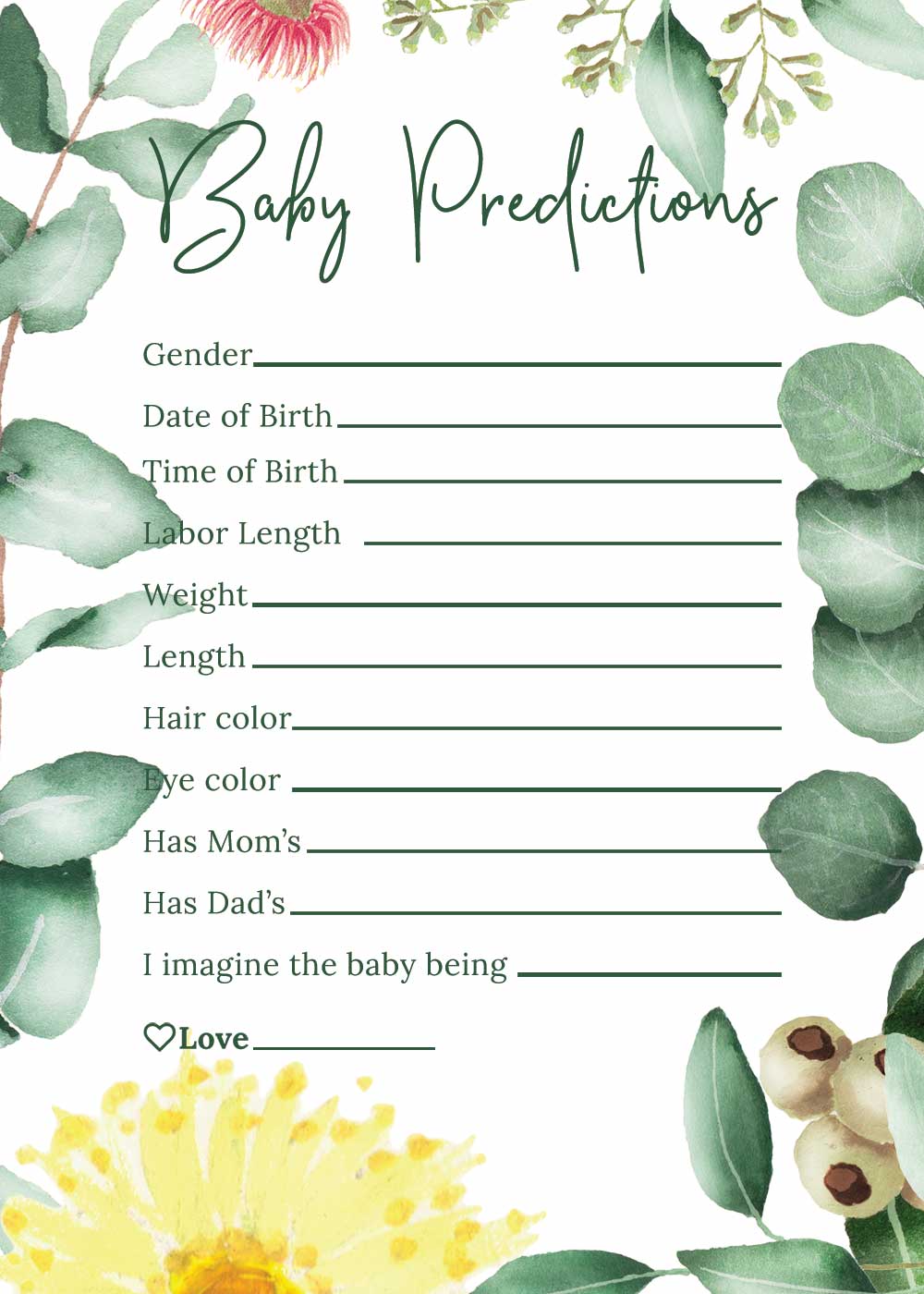 Baby Shower Baby prediction card - Gum nut Theme
