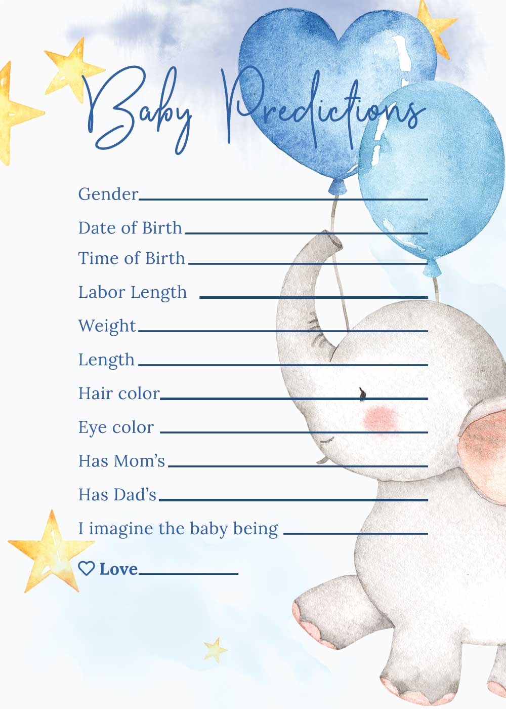 Baby Shower Baby prediction card - Elephant Theme